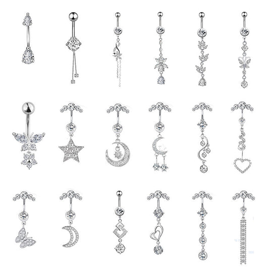 Stainless Steel European And American Inlaid Zircon Navel Stud Love Moon Piercing Jewelry