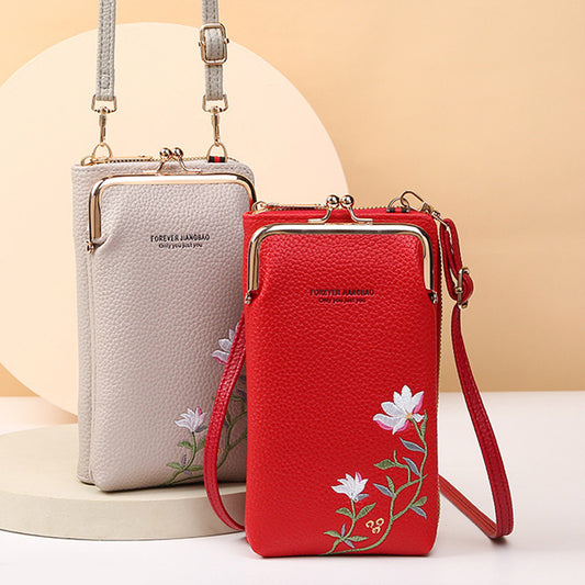 Flower Embroidery Phone Bag With Lock Buckle Outdoor Long Wallet Fashion Shoulder And Crossbody Bags