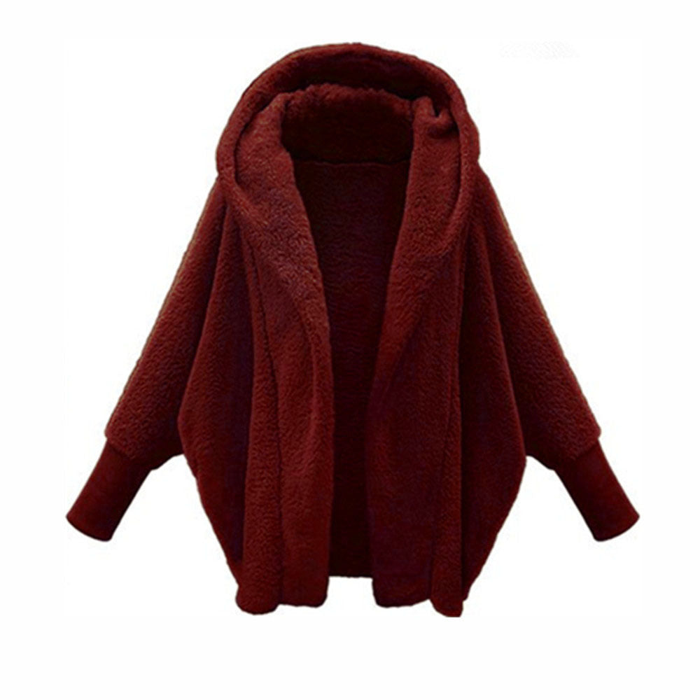 European And American Women's Clothing Solid Color Long Sleeve Hooded Loose Plush Coat