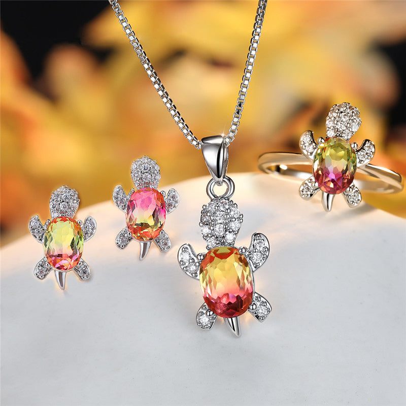 Fashion Oval Zircon Pendant Turtle Shape Necklaces With Rainbow Stone Multicolor Animal Necklace Jewelry For Woman And Children