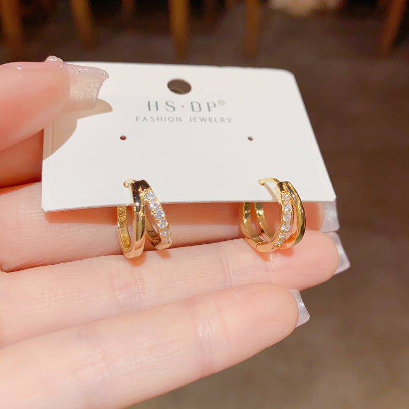 Japanese And Korean Temperamental Fashion Double Layer Hollow Zircon Circle Ear Clip