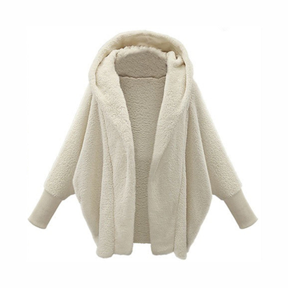 European And American Women's Clothing Solid Color Long Sleeve Hooded Loose Plush Coat