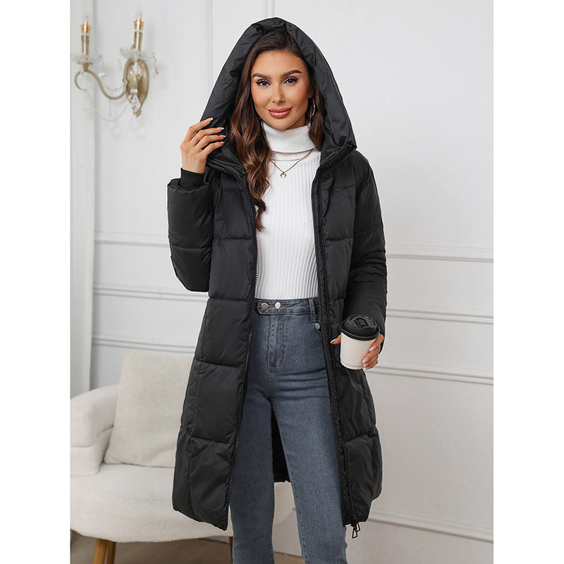 Mid-length Thickened Upgraded Plus Size Fashion Casual Hooded Pure Color Cotton Clothing Coat For Women