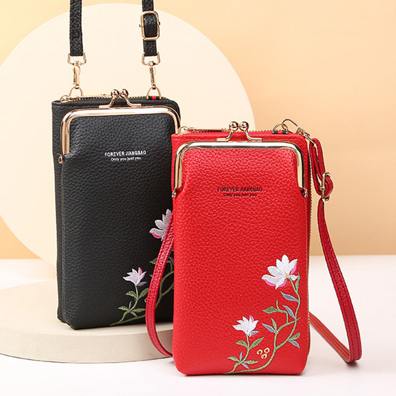 Flower Embroidery Phone Bag With Lock Buckle Outdoor Long Wallet Fashion Shoulder And Crossbody Bags